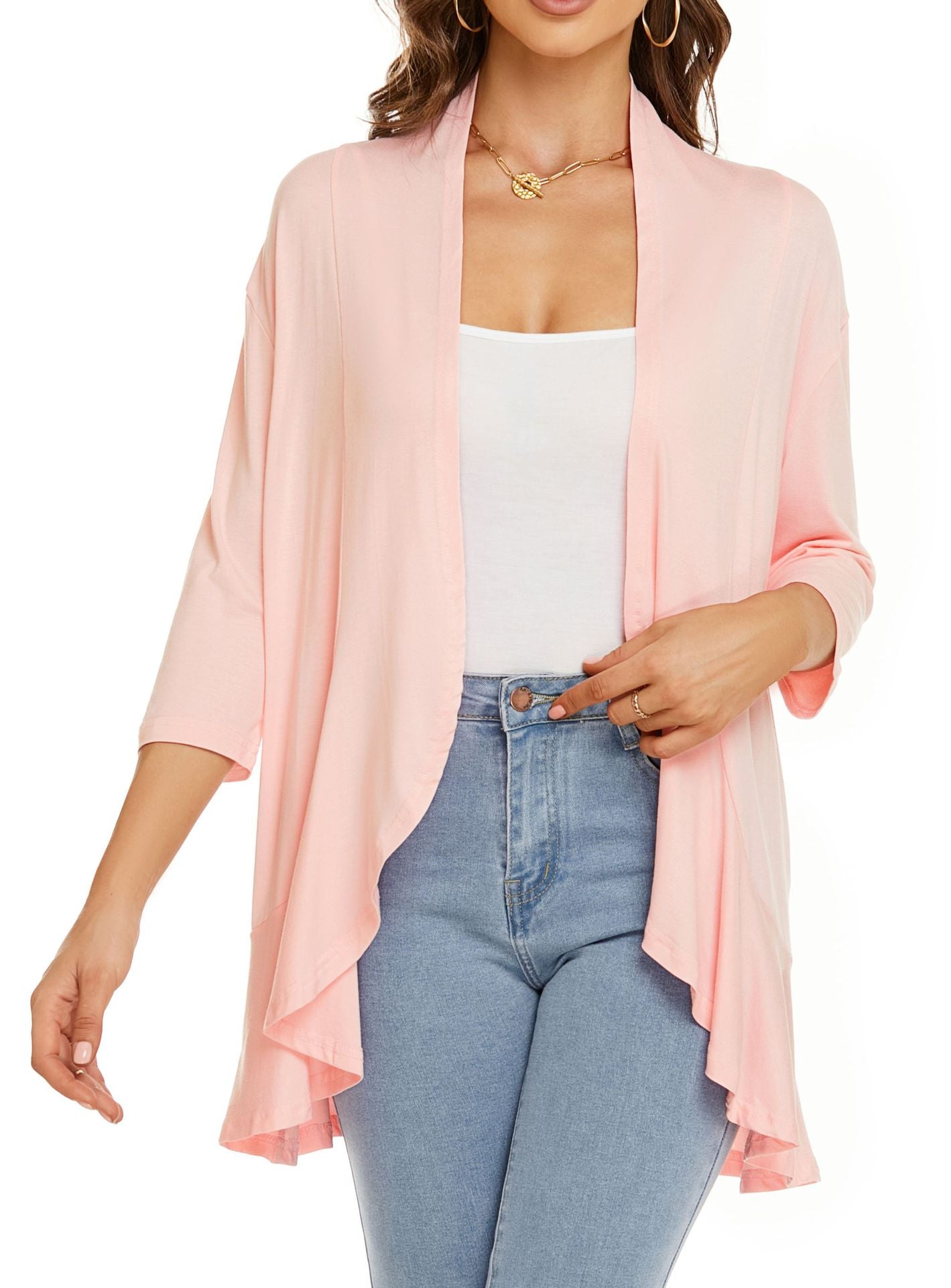 Eveloria Damen Strickjacke Einfarbig 7/8 Ärmel Rüschenrand