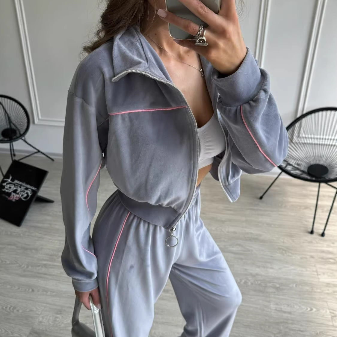 Damen Velours-Joggingset Hochkragen Reißverschluss Eveloria