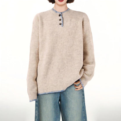 Damen Pullover Lässig Dekorative Knöpfe Kontrastfarben Eveloria