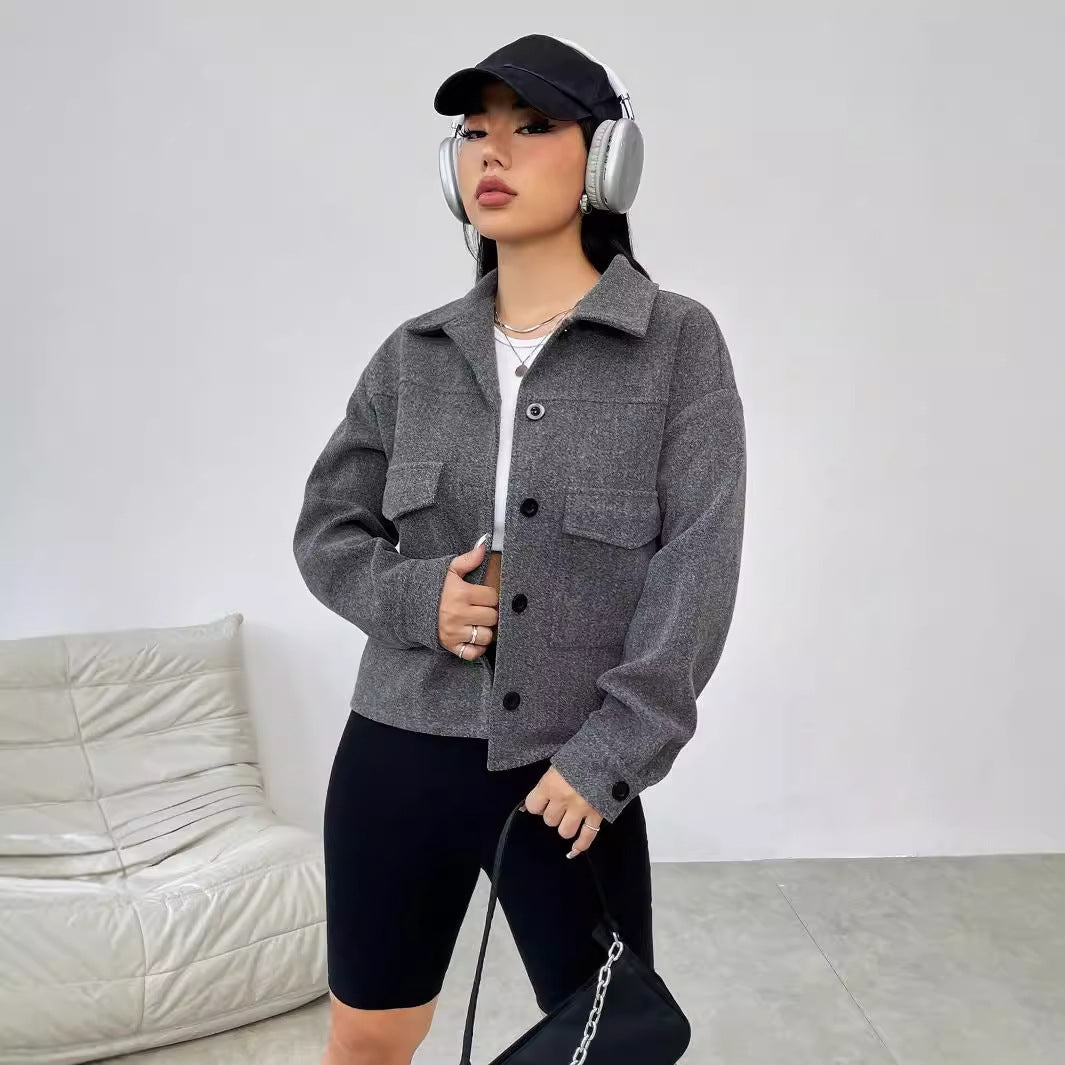 Damen Oversized Jacke Lässig Mit Taschen Button Down Verschluss