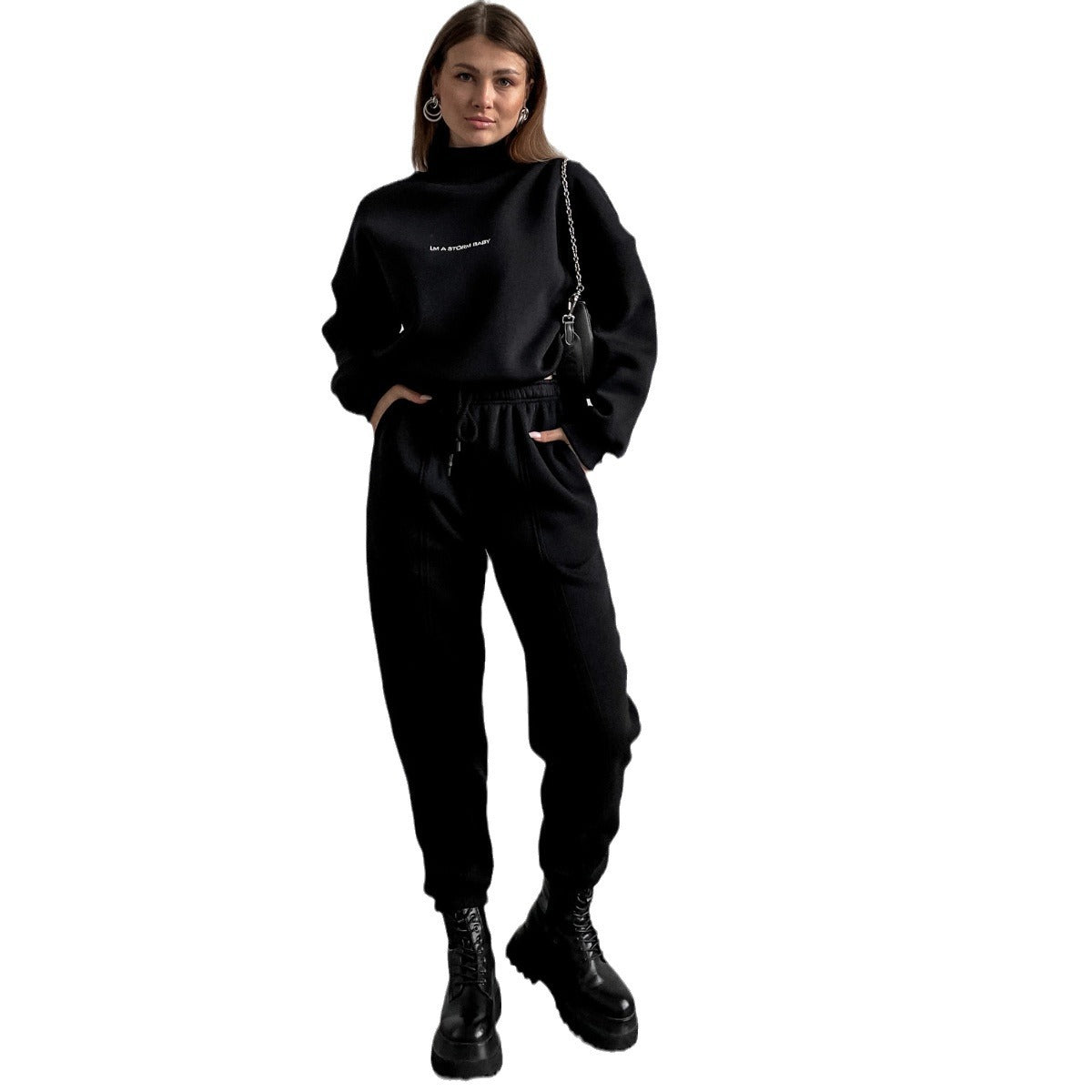 Damen Sportliches Sweatshirt Jogginghose Set Hochkragen Weites Design