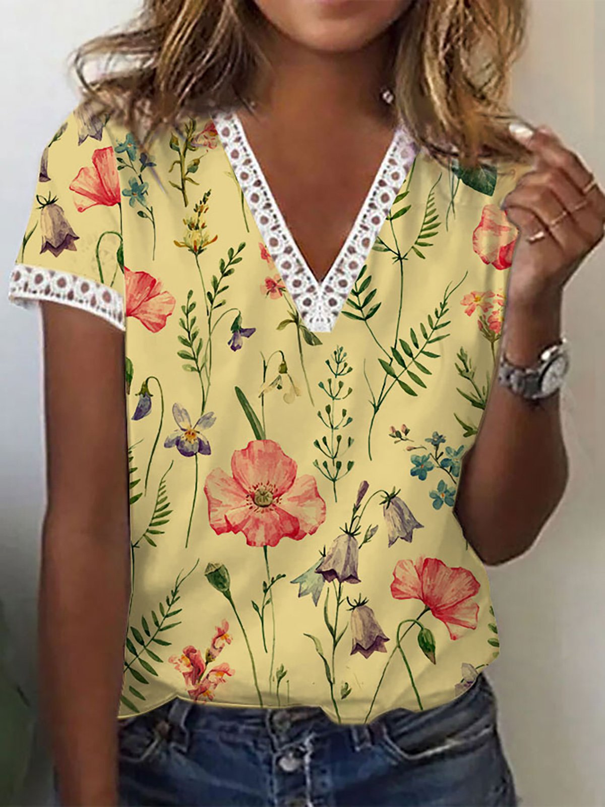Damen T-Shirt Kurzärmelig V-Ausschnitt Print