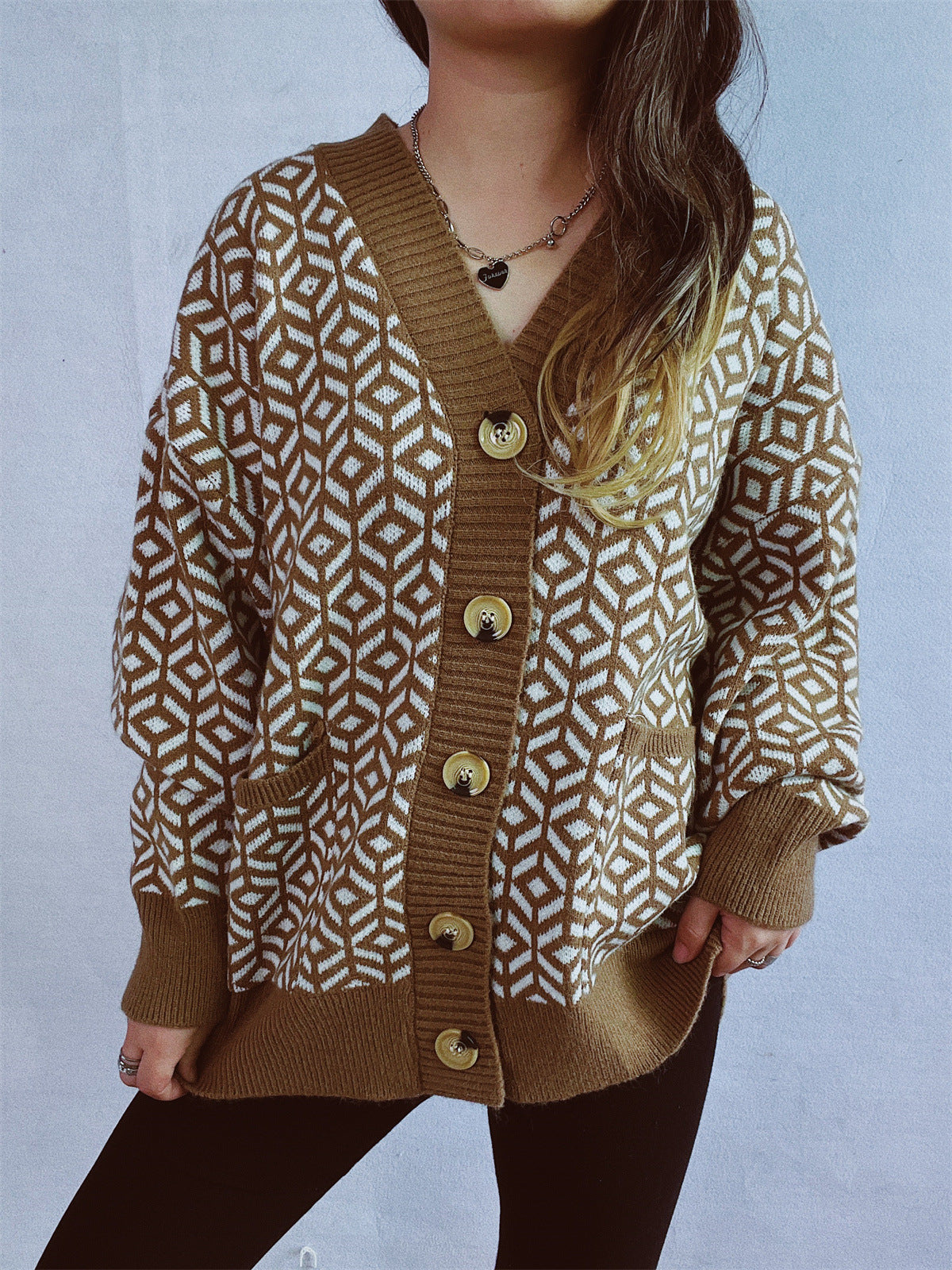 Damen Strickjacke geometrisches Muster Goldton