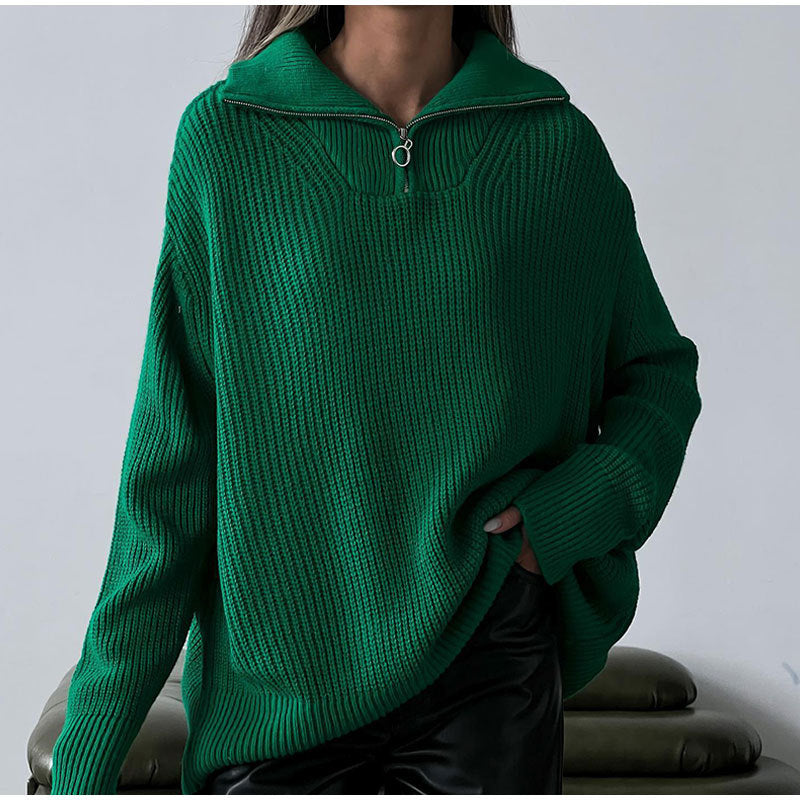Damen Strickpullover Oversized mit Reißverschluss und Stehkragen