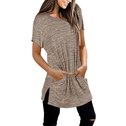 Damen Langarm-Tunika mit Seitentaschen Asymmetrischer Saum
