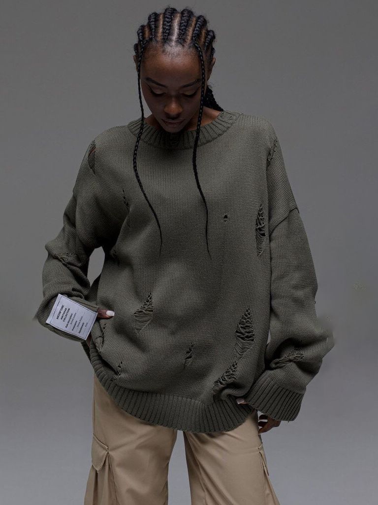 Damen Oversized Pullover Grobgestrickt Distressed Details Beige