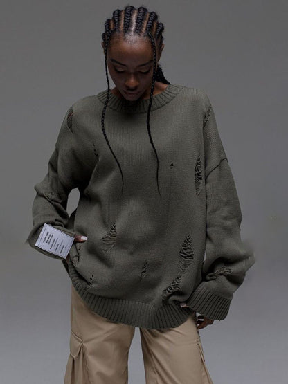 Damen Oversized Pullover Grobgestrickt Distressed Details Beige