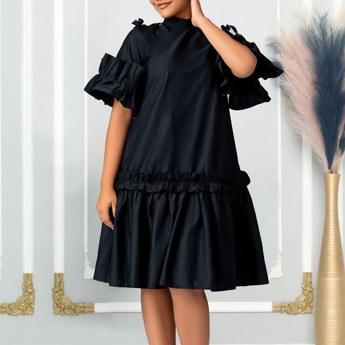 Damen Midikleid Voluminöse Rüschenärmel Stehkragen Elegant