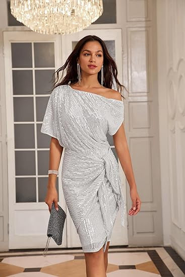 Damen Wickelkleid Asymmetrischer Schnitt Glitzernde Pailletten