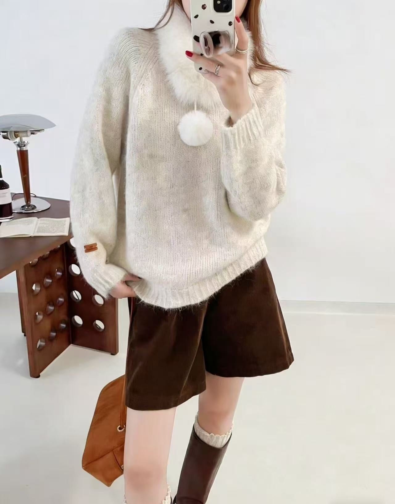 Damen Strickpullover Kuschelig Mit Abnehmbarem Kragen Beige