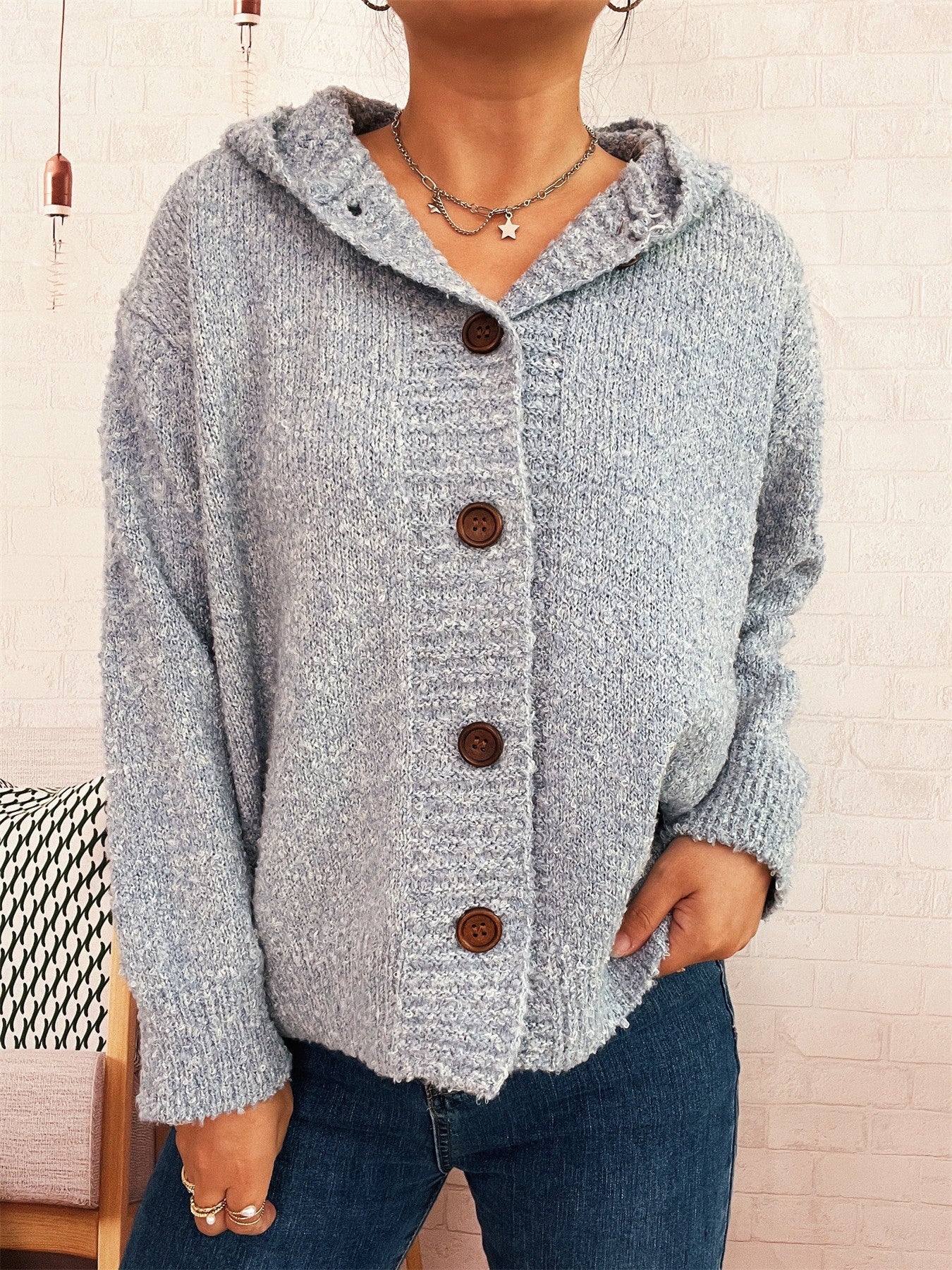 Damen Strickjacke Kapuze Knöpfe Grau Eveloria