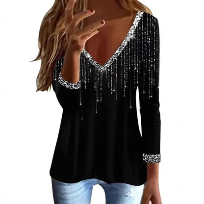 Damen Bluse V-Ausschnitt Glitzernd Langer Ärmel Eveloria