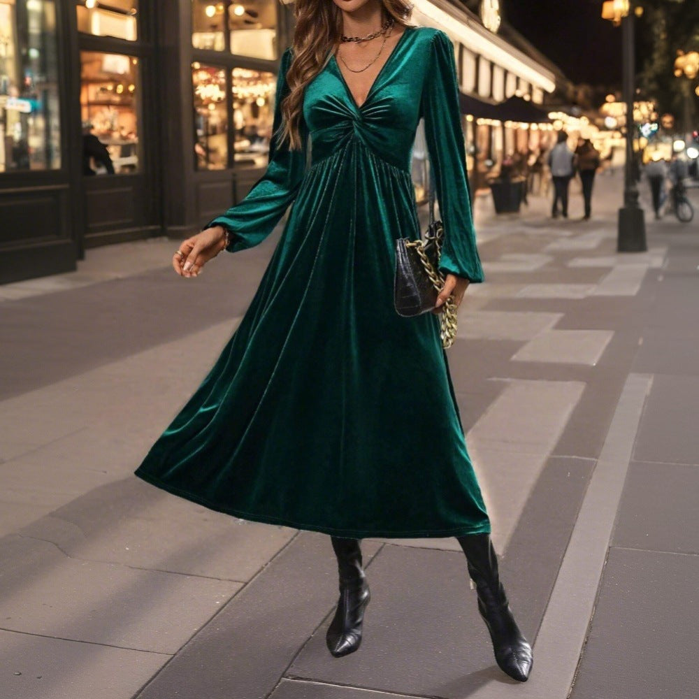 Damen Samt-Kleid Midi Wickeldesign V-Ausschnitt Eveloria - Eveloria