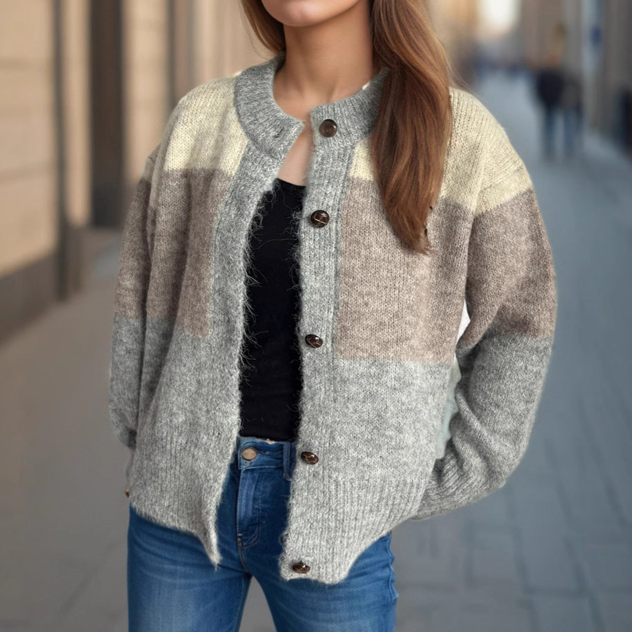 Damen Strickjacke Kuschellig Farbblockdesign Dekorative Knöpfe Beige