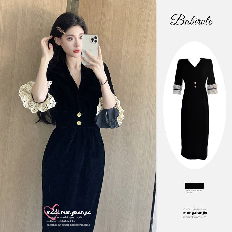 Damen Kleid Spitzenärmel Dekorative Knöpfe Eveloria - Eveloria
