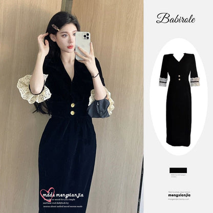 Damen Kleid Spitzenärmel Dekorative Knöpfe Eveloria - Eveloria