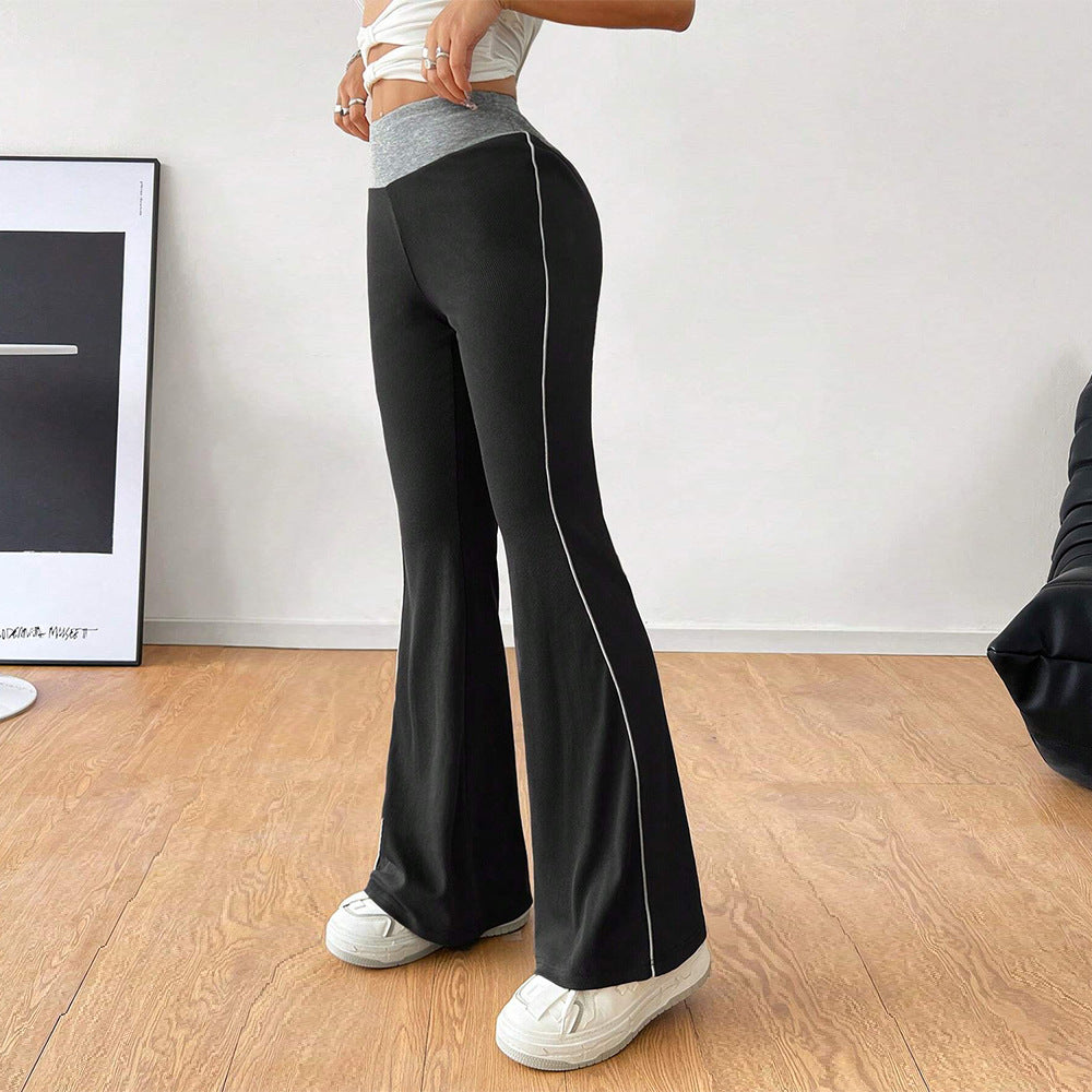 Damen Flared-Hose Hochwerder mit Kontraststreifen Schwarz - Eveloria