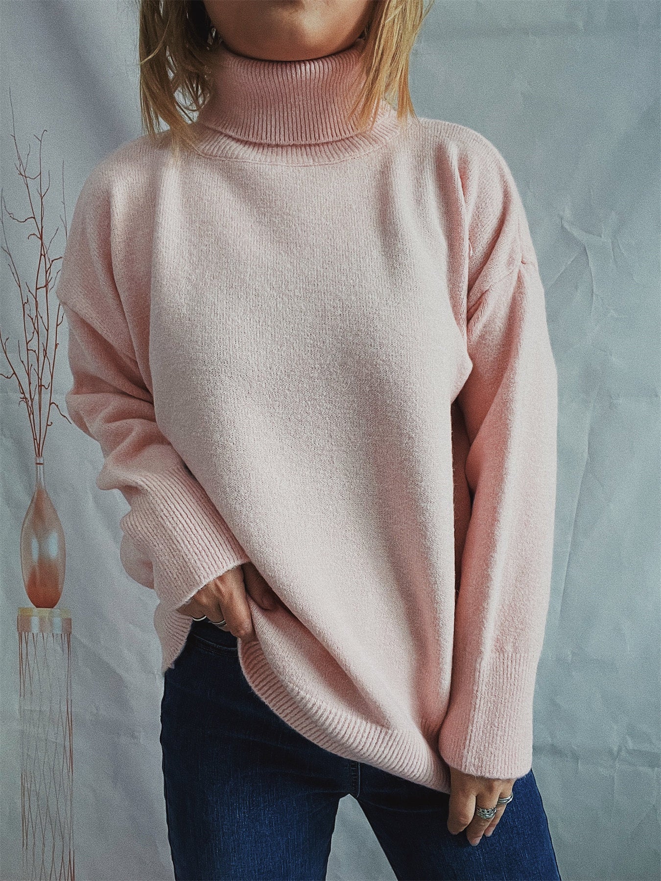 Damen Grobstrickpullover Hoher Kragen Locker Damen Pullover