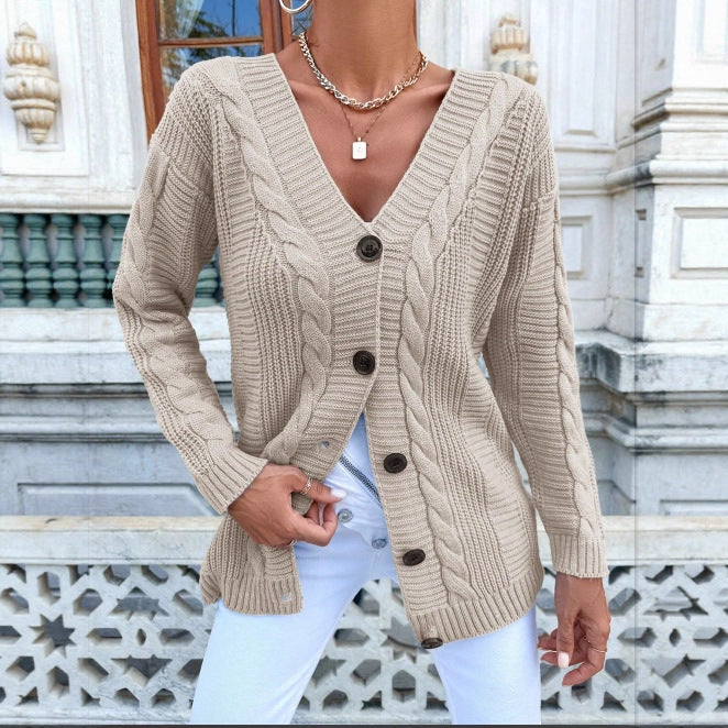 Damen Strickjacke Kabelmuster Klassische Knöpfe Beige - Eveloria