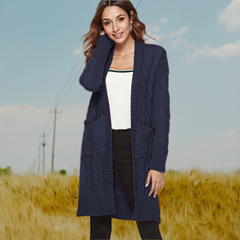 Damen Cardigan Grobstrick Zopfmuster Beige mit Taschen
