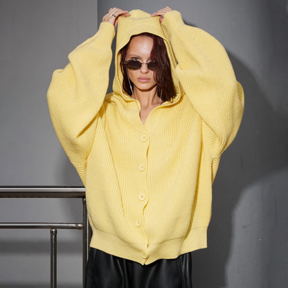 Damen Strickjacke Oversized mit Kapuze und Knöpfen
