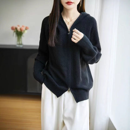 Damen Strickjacke Kapuze Reißverschluss Eveloria