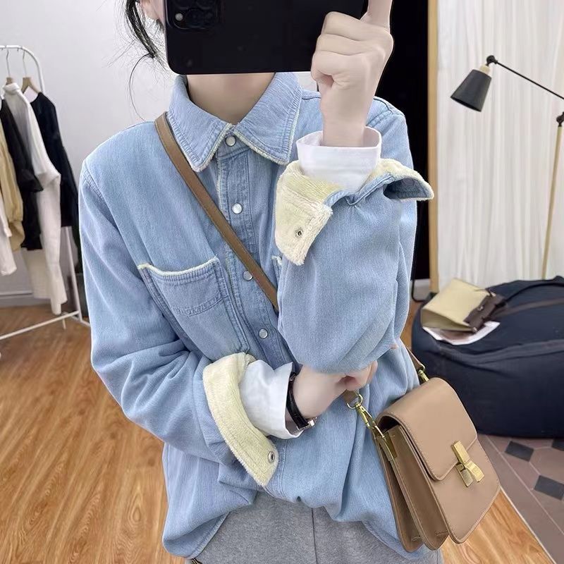 Damen Denim Bluse Kontrastkragen Blau