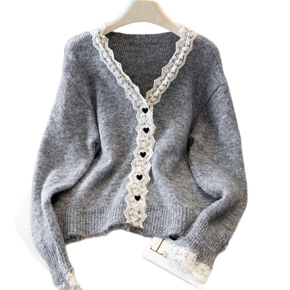 Damen Strickpullover Spitzenverzierung Eleganz