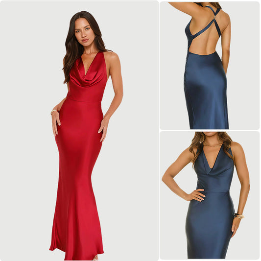 Damen Abendkleid Satin Tiefes Wasserfall- Schwarz Eveloria - Eveloria