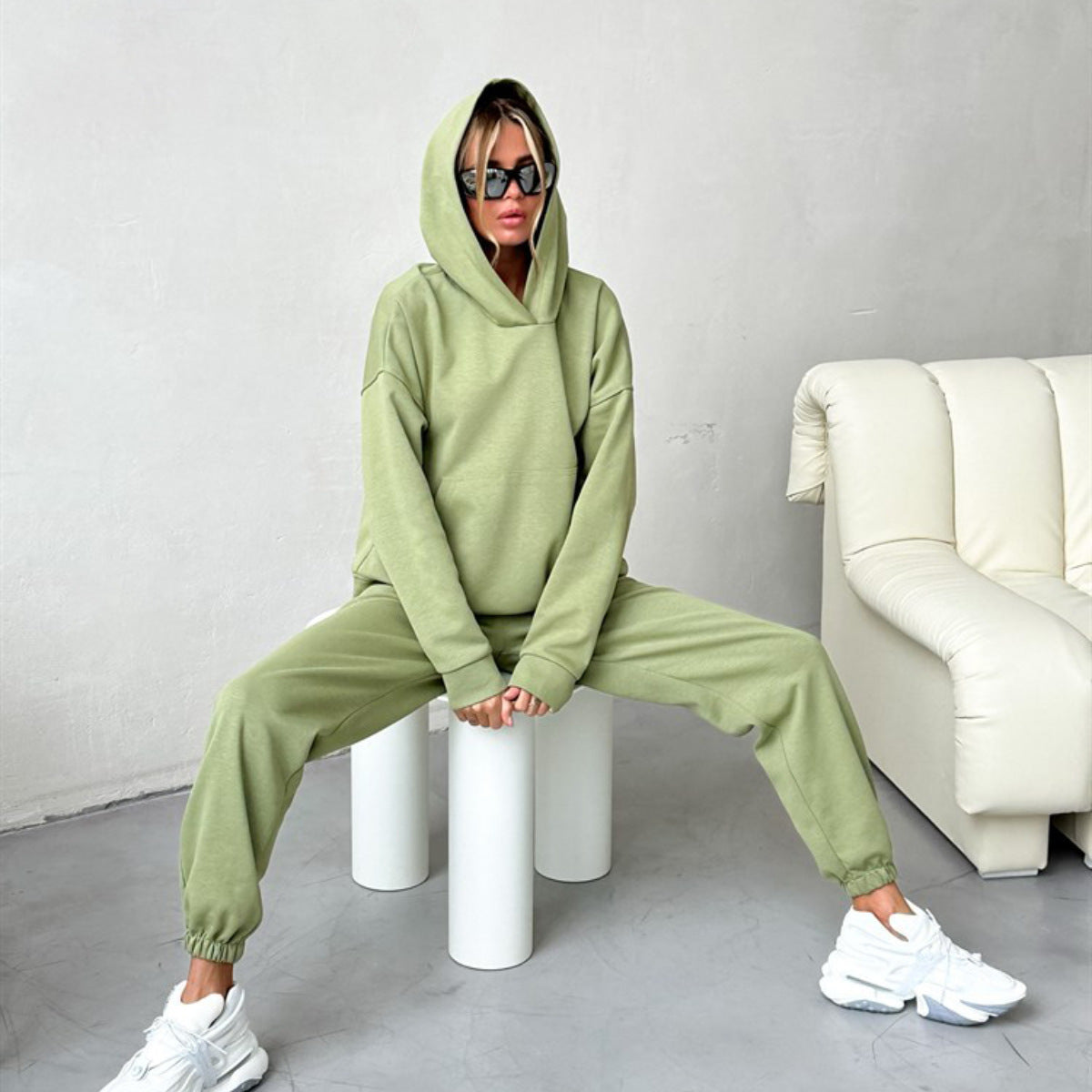 Damen Hoodie Jogginghose Anzug Baumwollmix Grau Eveloria - Eveloria