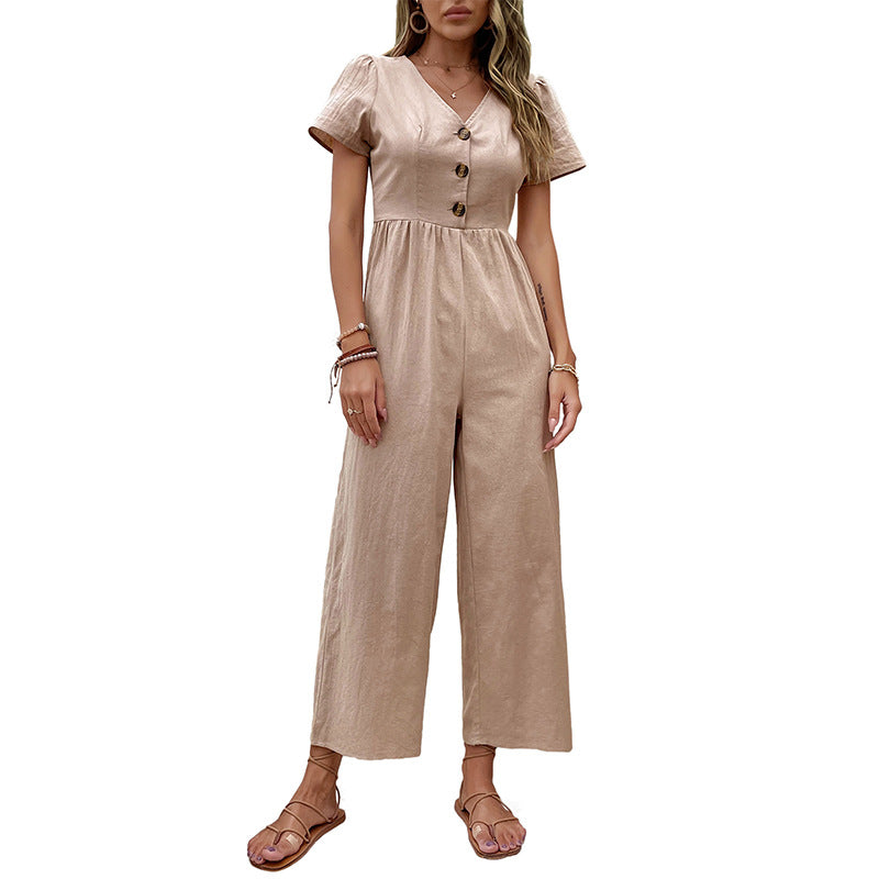 Damen Jumpsuit Knopfdetails Weite Beine Eveloria
