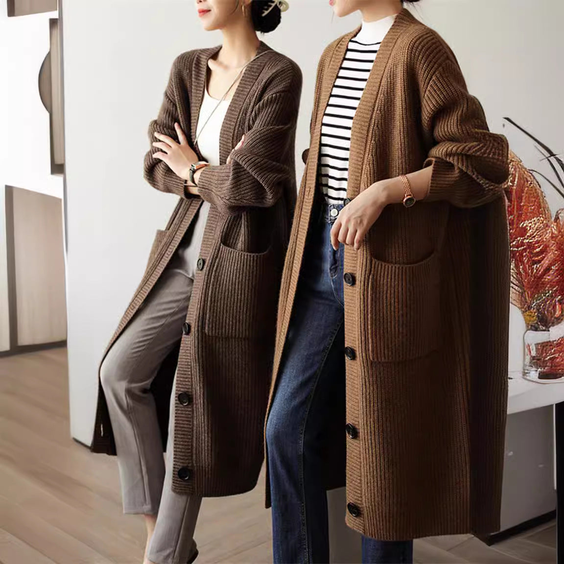 Damen Strickcardigan Großzügig Geschnitten Mit Taschen Dekorativer