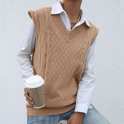 Damen Strickpullover ohne Ärmel V-Ausschnitt Strukturiert Eveloria