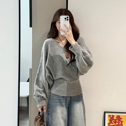 Damen Pullover V-Ausschnitt Taillengürtel Beige