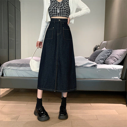 Damen Denim-Rock Lang Mit Taschen Blau Eveloria