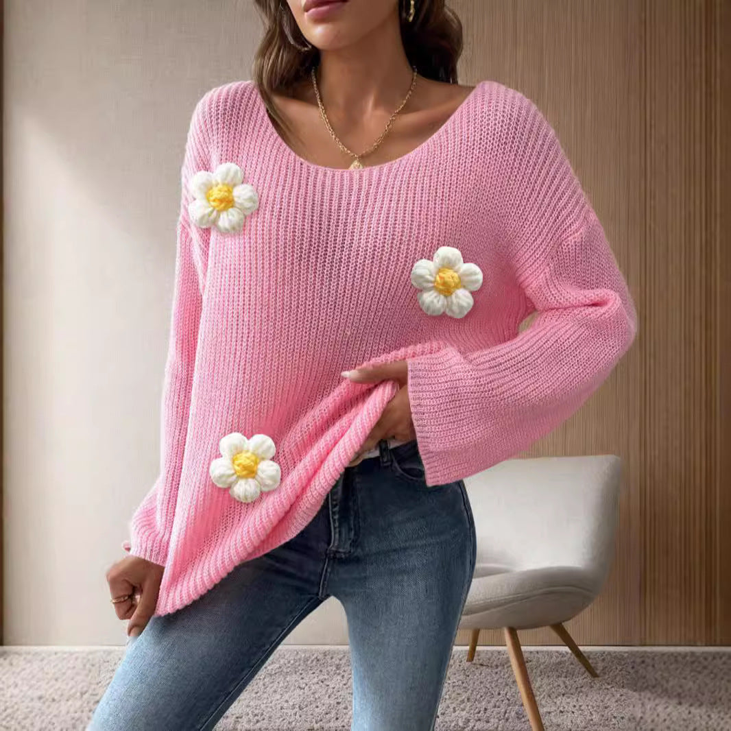 Damen Strickpullover Florales 3D-Design Weite Ärmel