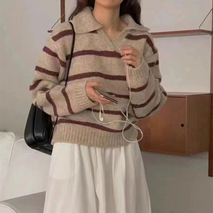 Damen Pullover Streifenmuster Kragen Elegantes Design