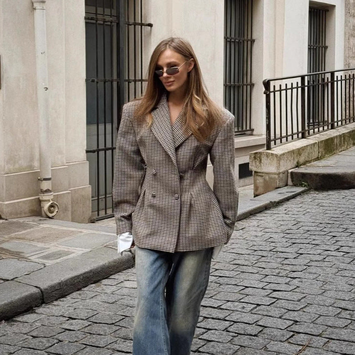 Damen Karo Blazer Oversized Doppelter Knopfverschluss