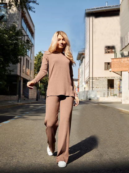 Damen Strick-Loungewear-Set Rippenstruktur Weites Bein