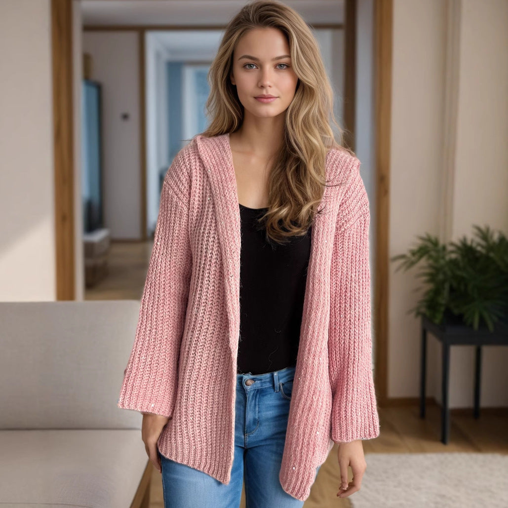 Damen Strickjacke Offen Vorne Lockere Ärmel Beige