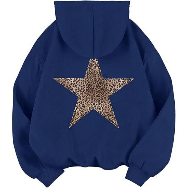 Damen Kapuzensweater Leopardstern-Design Baumwolle Entspannt