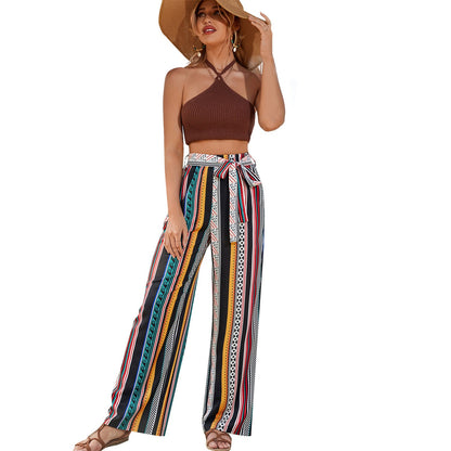 Damen Sommerhose Weit mit Gürtel Auffälliges Muster Eveloria