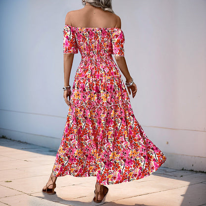 Damen Maxikleid Off-Shoulder Blütenmuster Rüschendetails