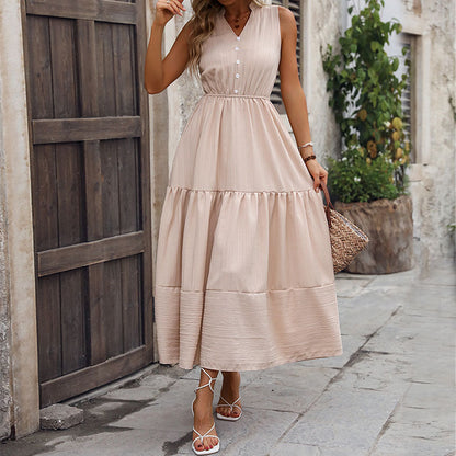 Damen Maxikleid V-Ausschnitt Knopfleiste Eveloria