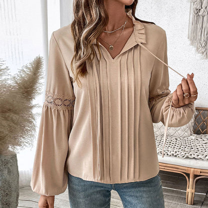 Damen Longbluse Spitzenakzente Feine Falten Elégant Weiß