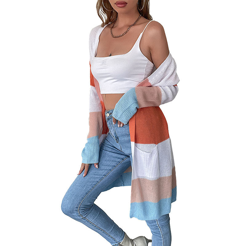 Damen Cardigan Lässig Gestrickt Blockfarben Tiefen Taschen