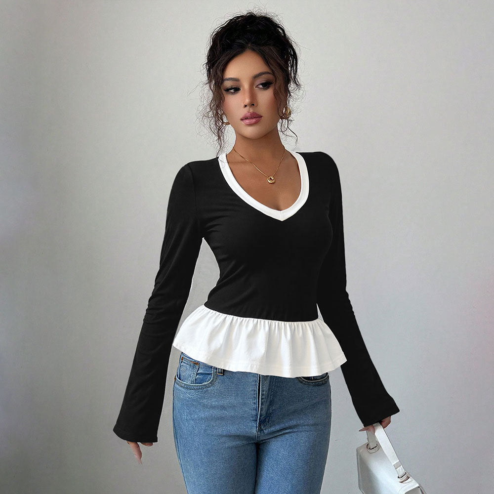 Damen Langarmshirt Rüschensaum V-Ausschnitt Eveloria