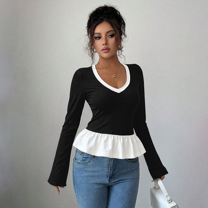 Damen Langarmshirt Rüschensaum V-Ausschnitt Eveloria