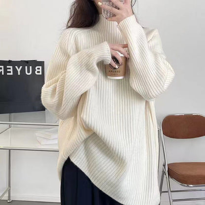 Damen Pullover Grobstrick Hohler Kragen Rippdesign Beige