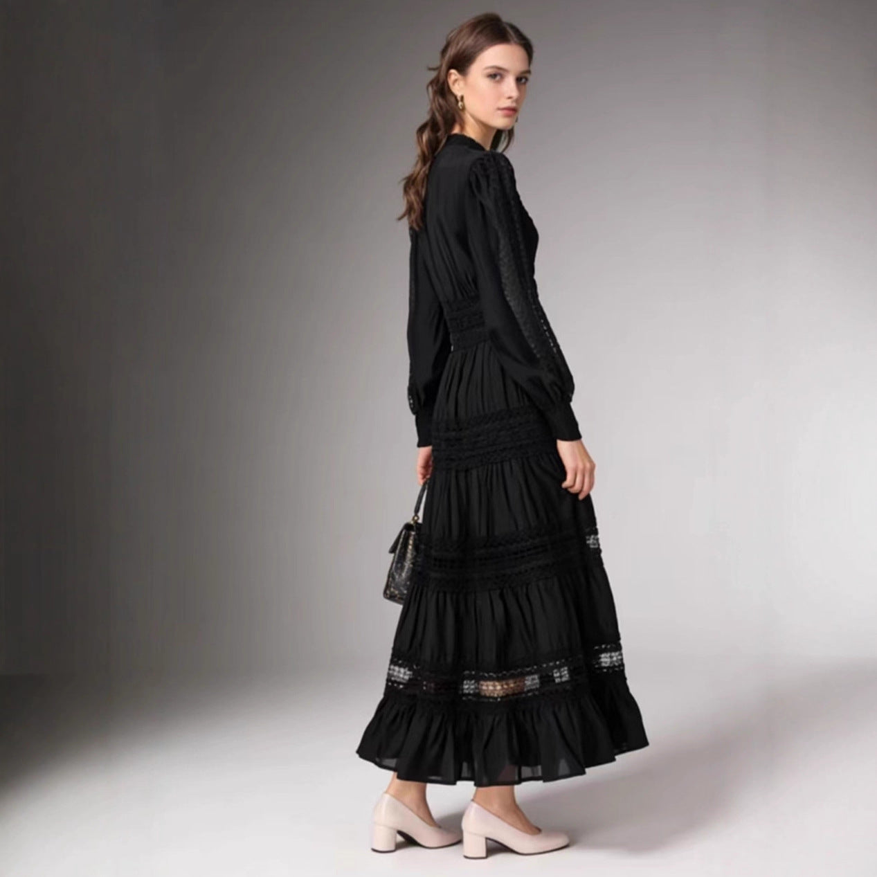 Damen Maxikleid Transparente Einsätze Rüschendetails